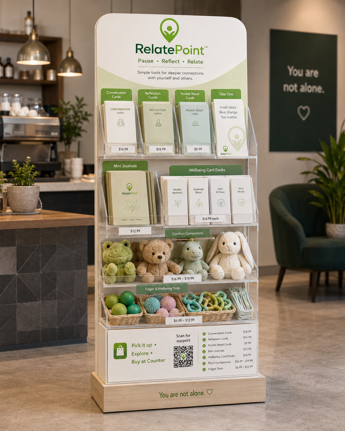 Full-height freestanding RelatePoint stand with card decks, mini journals, comfort companions and fidget wellbeing tools